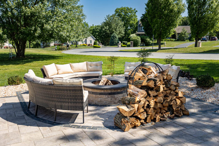 Outdoor fireplace and seating area