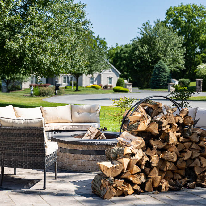 Patio gathering area with a fire pit