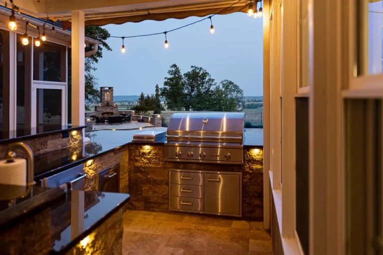 Outdoor lighting around a landscaped patio